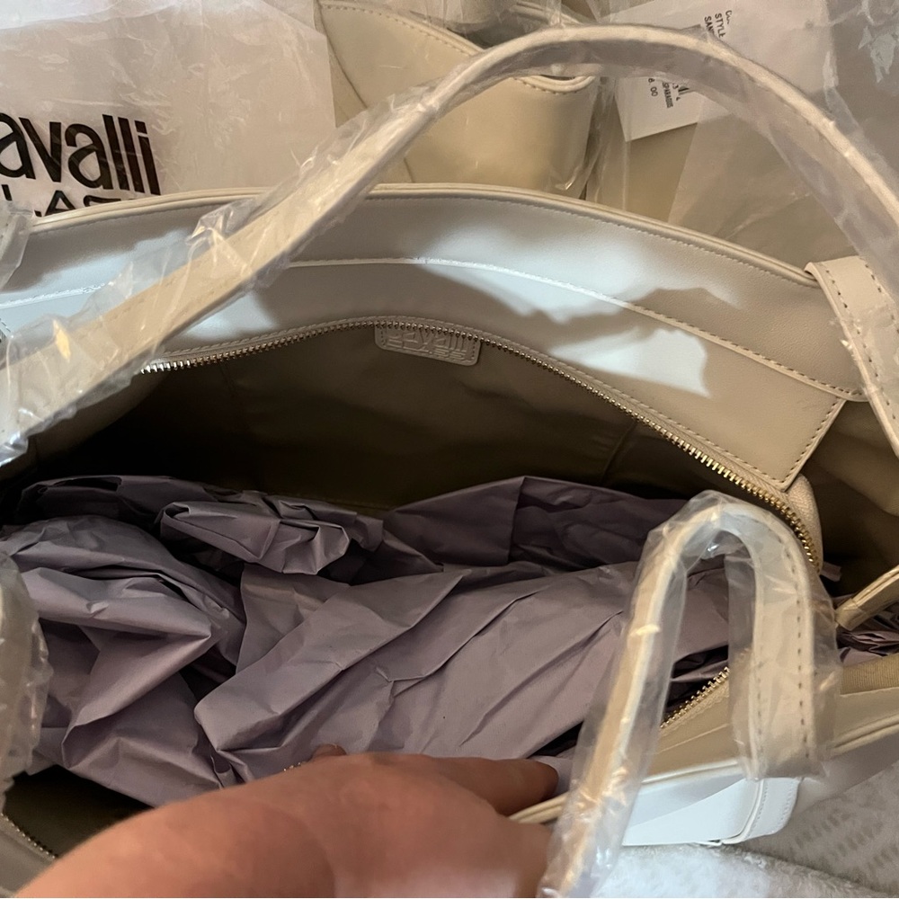 NWT Cavalli Class Large Sandra Shopper Tote Bag Satchel White Asparagus - Picture 3 of 9